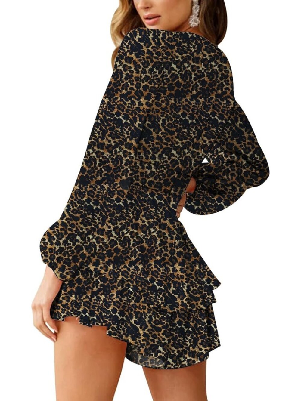 Women's Brown Leapord Floral Print V Neck Long Sleeve Double Layer Ruffle Romper - Picture 5 of 6